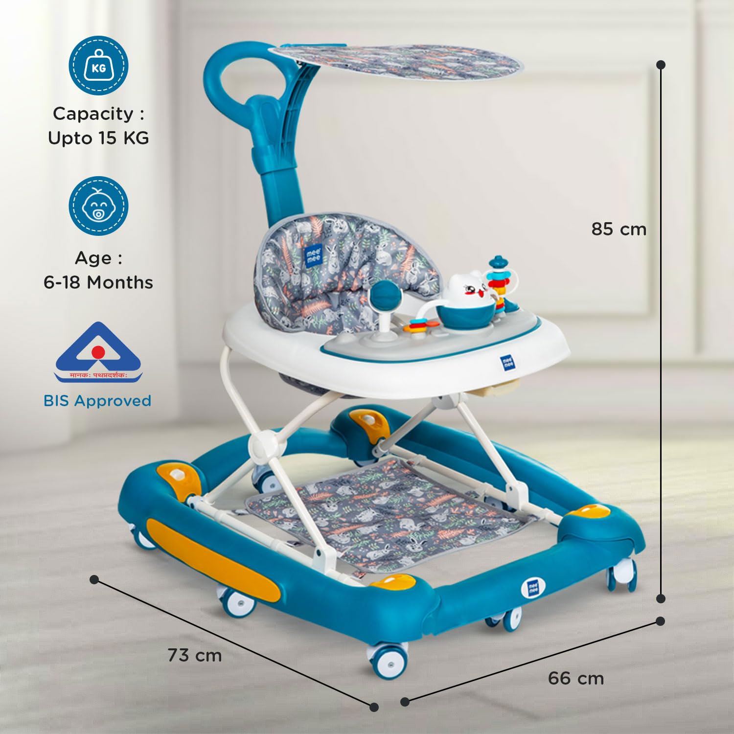 Baby walker with features and dimensions displayed on a light background